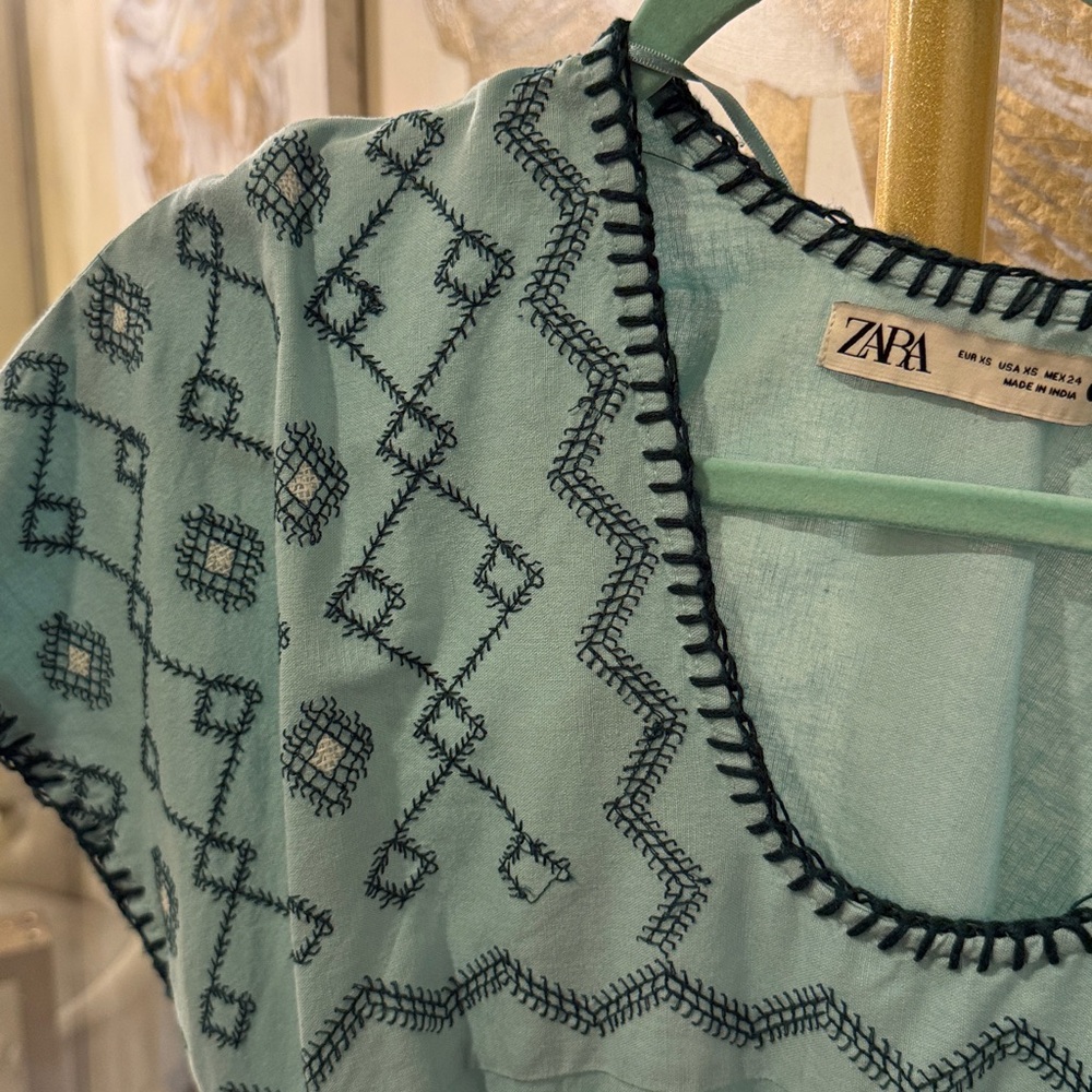 Zara Mint Green Embroidered Dress Midi Dress Kaftan Size extra small - Picture 13 of 13